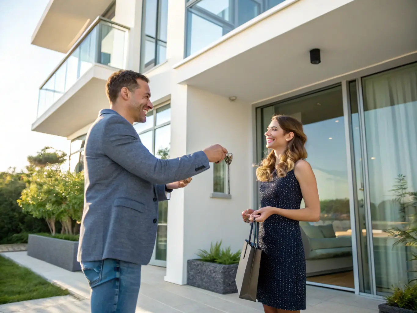 A friendly Estazia Limited agent handing over keys to a smiling tenant in front of a well-maintained property, symbolizing a smooth and successful move-in process.