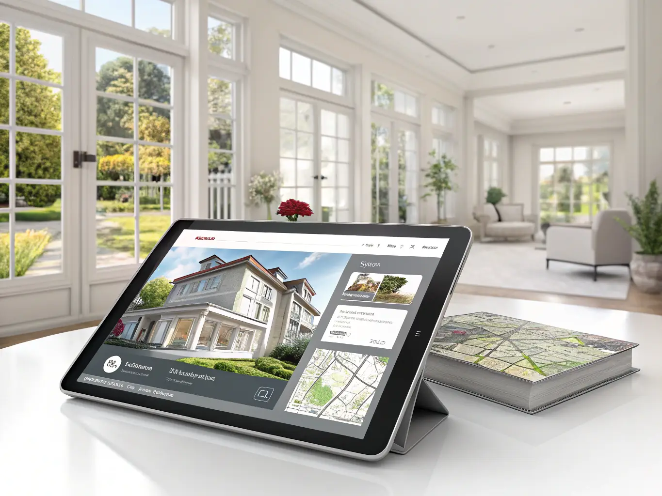 A digital illustration of a magnifying glass hovering over a property listing on a tablet, symbolizing the thorough tenant screening process conducted by Estazia Limited.