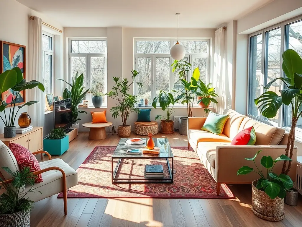 A bright and modern apartment living room with large windows, showcasing a comfortable sofa, stylish coffee table, and a vase of flowers on the table, emphasizing the appeal of a well-presented rental property.